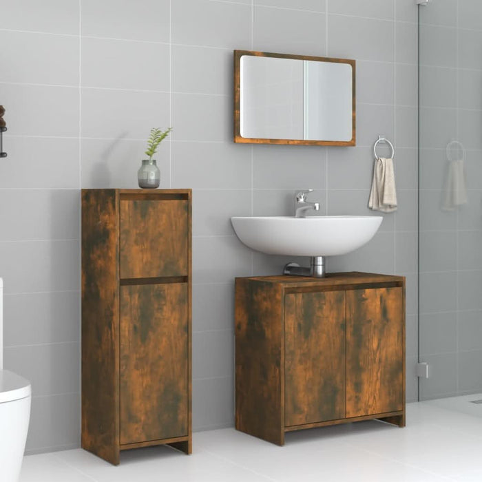Set mobilier de baie, 3 piese, stejar fumuriu, lemn prelucrat - WALTI WALTI