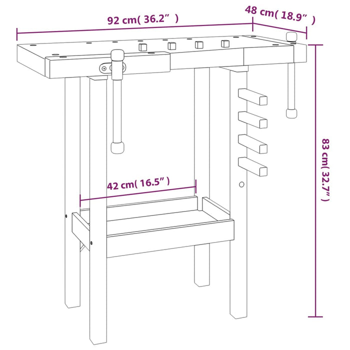 Banc de lucru cu menghine, 92x48x83 cm, lemn masiv de acacia WALTI