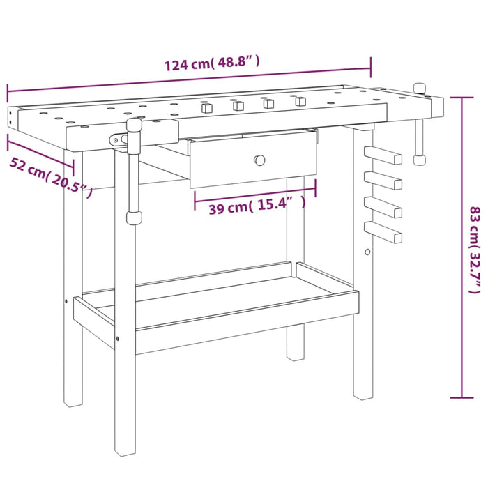 Banc de lucru cu sertar și menghine, 124x52x83 cm, lemn acacia WALTI