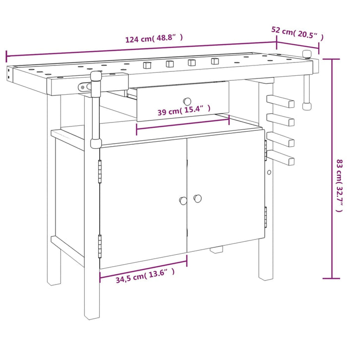 Banc de lucru cu sertar și menghine, 124x52x83 cm, lemn acacia WALTI