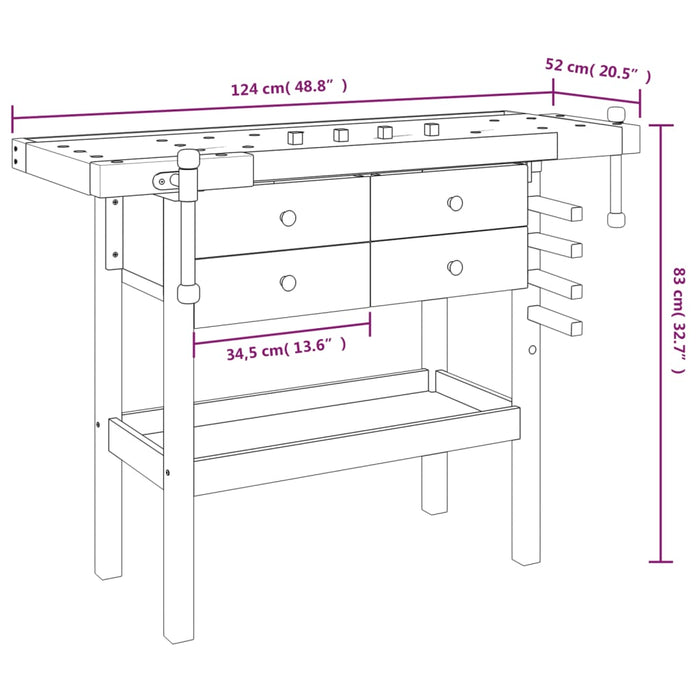 Banc de lucru cu sertare și menghine, 124x52x83 cm, lemn acacia WALTI