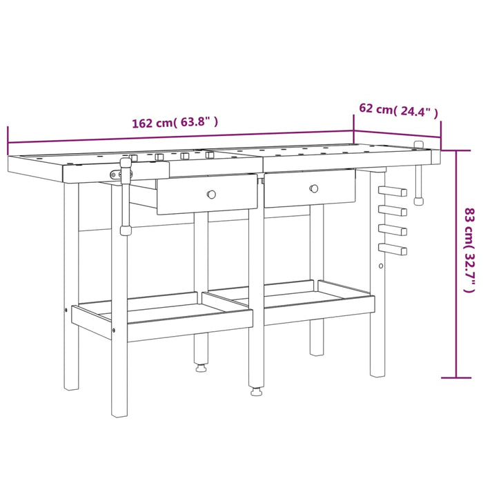 Banc de lucru cu sertare și menghine, 162x62x83 cm, lemn acacia WALTI