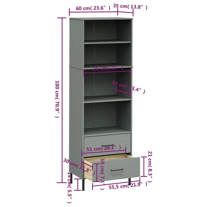 Bibliotecă cu 2 sertare OSLO, gri, 60x35x180 cm, lemn masiv - WALTI WALTI