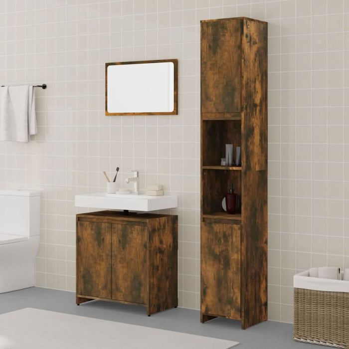 Set mobilier de baie, 3 piese, stejar fumuriu, lemn prelucrat - WALTI WALTI