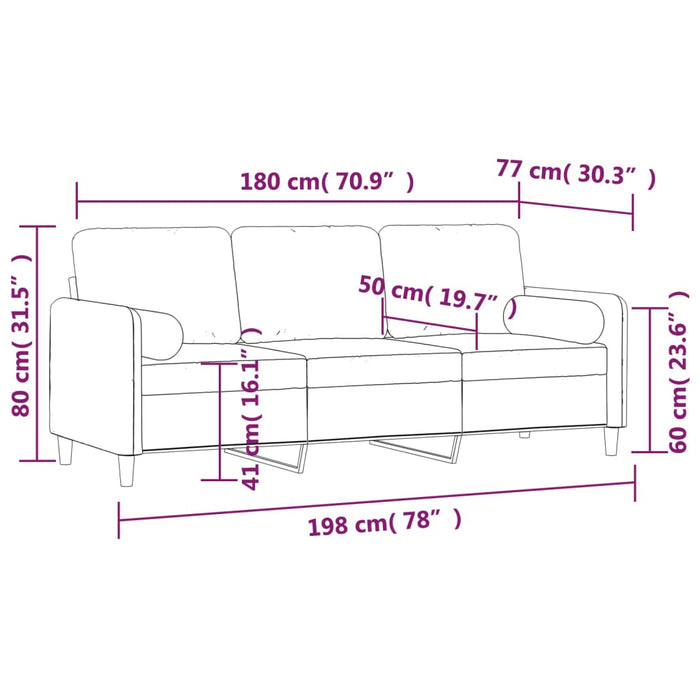 Canapea 3 locuri cu pernuțe&pernuțe, crem, 180 cm, catifea WALTI