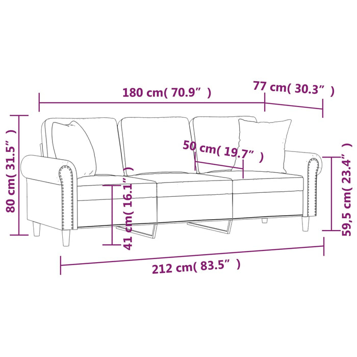 Canapea 3 locuri cu perne&pernuțe gri deschis, 180 cm, catifea WALTI