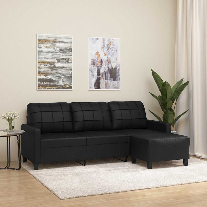 Canapea cu 3 locuri și taburet, negru, 180 cm, piele ecologică WALTI