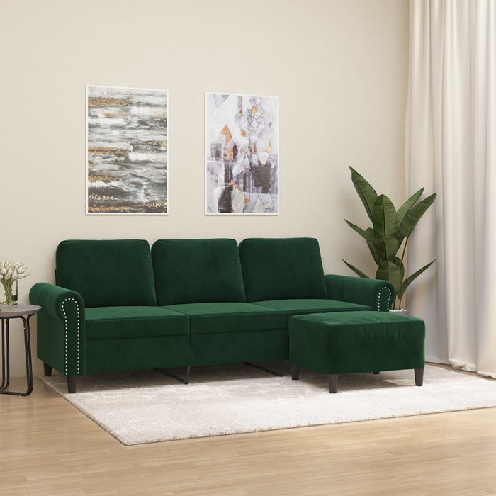 Canapea cu 3 locuri și taburet, verde închis, 180 cm, catifea WALTI