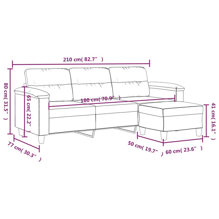 Canapea cu 3 locuri și taburet, crem, 180 cm, microfibră WALTI