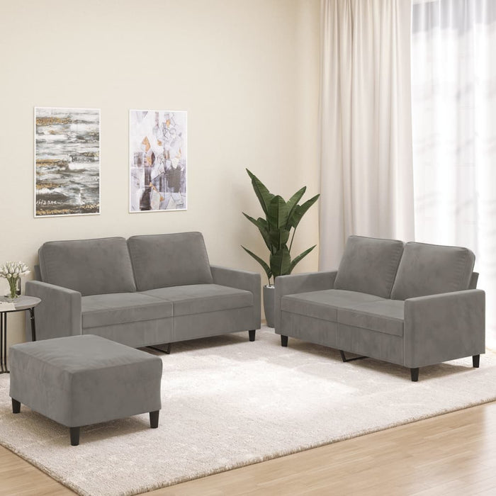 Set de canapele cu perne, 3 piese, gri deschis, catifea WALTI
