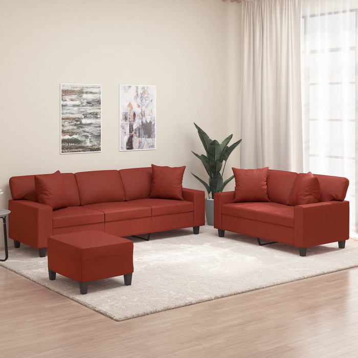 Set de canapele cu perne, 3 piese, roșu vin, piele ecologică WALTI