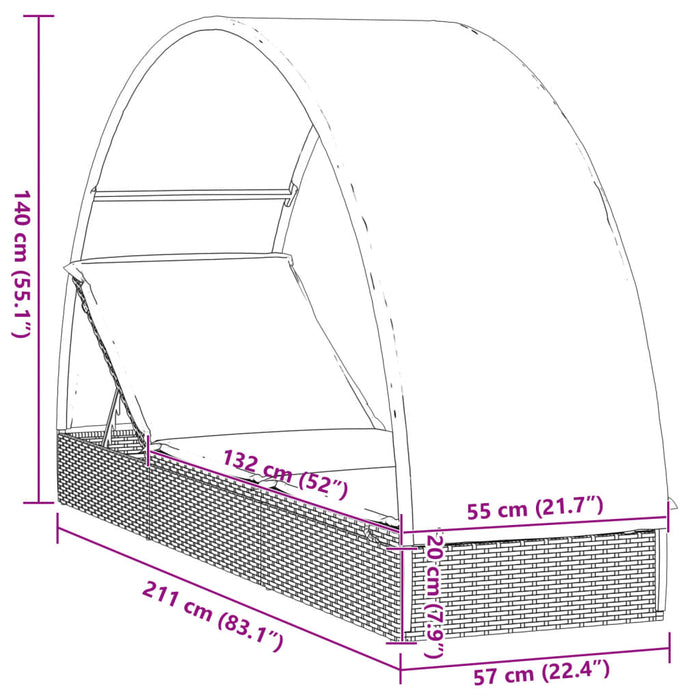 Șezlong cu acoperiș rotund, negru, 211x57x140 cm, poliratan - WALTI WALTI