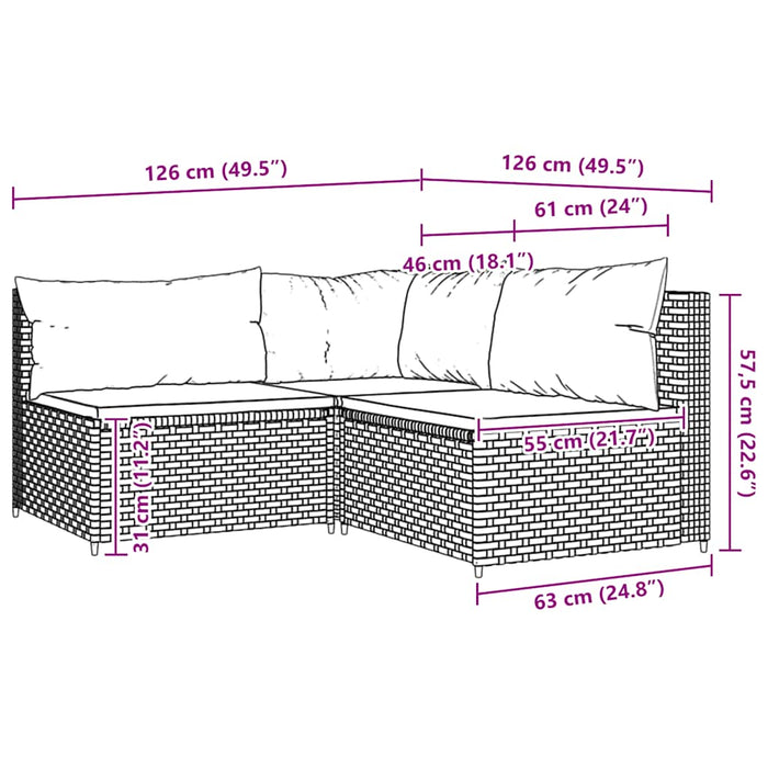 Set mobilier de grădină cu perne, 3 piese, negru, poliratan WALTI