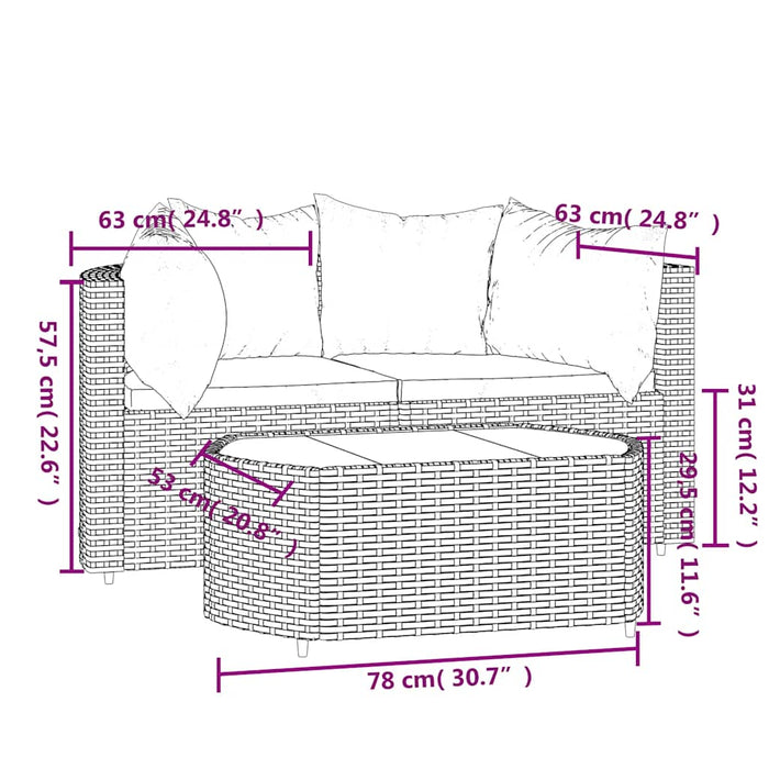 Set mobilier de grădină cu perne, 3 piese, negru, poliratan - WALTI WALTI