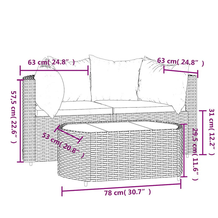 Set mobilier de grădină cu perne, 3 piese, maro, poliratan - WALTI WALTI