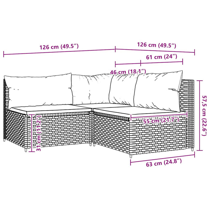 Set mobilier de grădină cu perne, 3 piese, gri, poliratan WALTI
