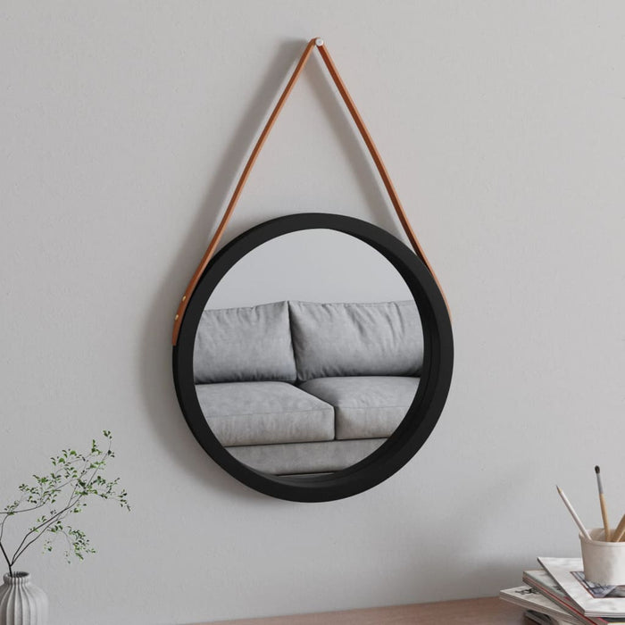 Oglindă de perete cu o curea, negru, Ø 45 cm WALTI