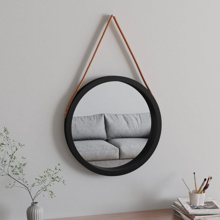 Oglindă de perete cu o curea, negru, Ø 55 cm WALTI