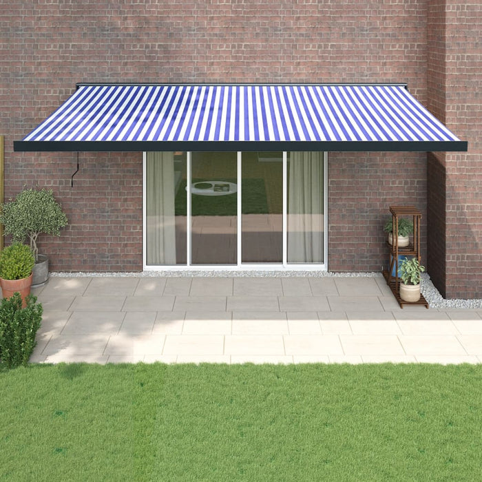 Copertină retractabilă albastru/alb, 5x3 m, textil/aluminiu WALTI