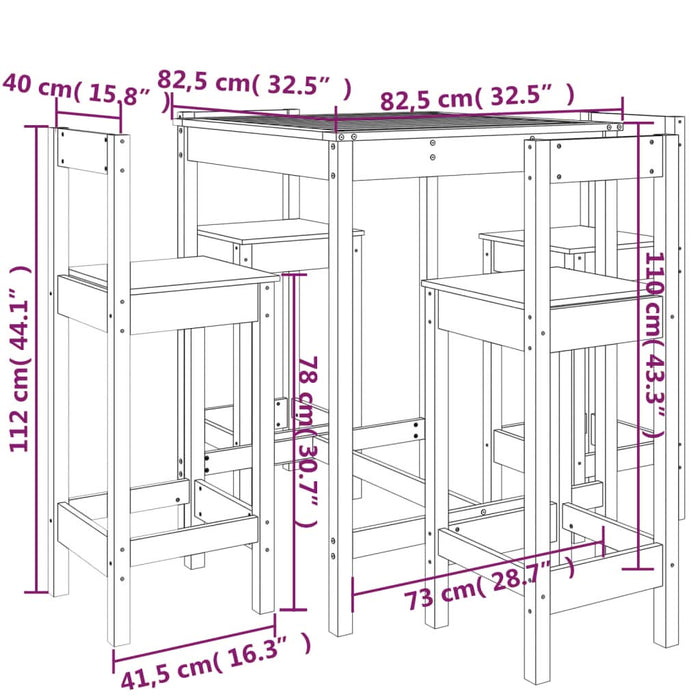 Set mobilier bar de grădină, 5 piese, negru, lemn masiv de pin - WALTI WALTI