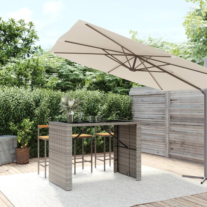 Masă de bar cu blat din sticlă, gri, 145x80x110 cm, poliratan WALTI