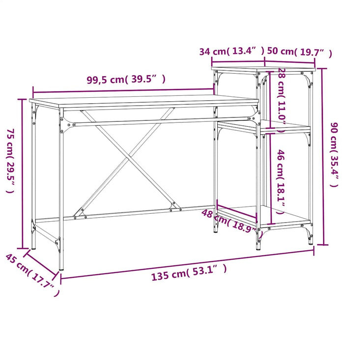 Birou cu rafturi, stejar sonoma 135x50x90 cm lemn compozit/fier - WALTI WALTI