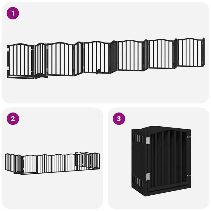 Poartă câini pliabilă cu ușă 12 panouri negru 600 cm, lemn plop WALTI