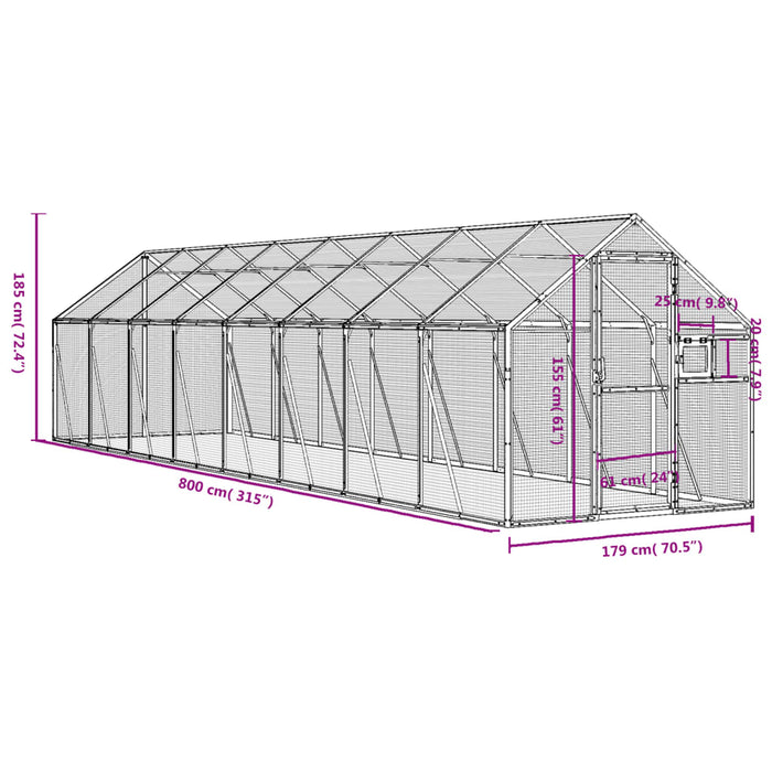 Volieră de păsări, argintiu, 1,79x8x1,85 m, aluminiu - WALTI WALTI