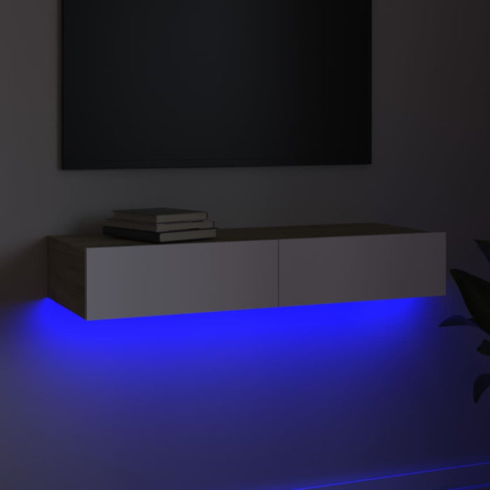 Comodă TV cu lumini LED, alb/stejar sonoma, 90x35x15,5 cm WALTI