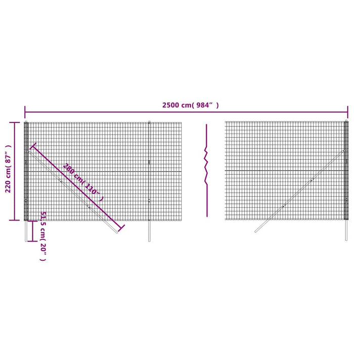 Gard plasă de sârmă, verde, 2,2x25 m, oțel galvanizat WALTI