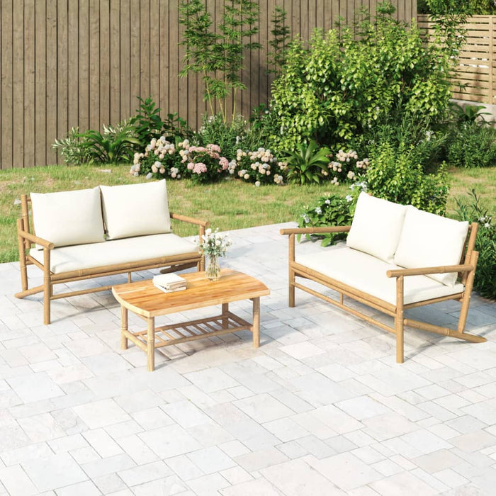 Set mobilier de grădină, cu perne alb crem, 3 piese, bambus - WALTI WALTI