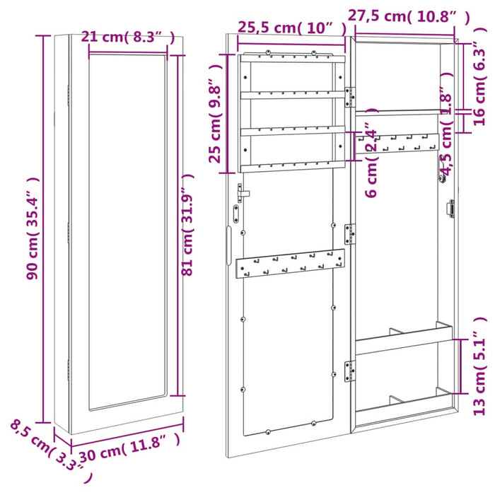 Dulap de bijuterii cu oglindă montat pe perete, 30x8,5x90 cm - WALTI WALTI