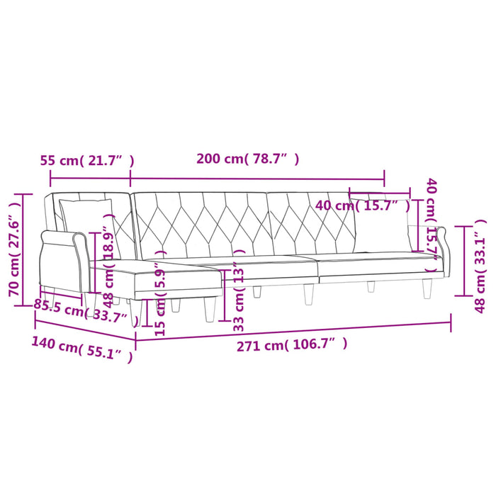 Canapea extensibilă în formă de L albastru 271x140x70cm catifea WALTI