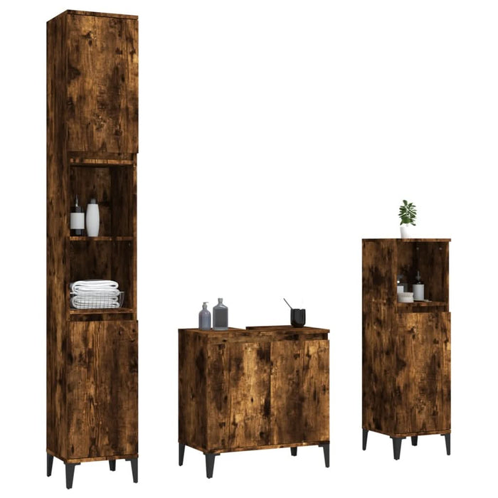 Set mobilier de baie, 3 piese, stejar fumuriu, lemn prelucrat - WALTI WALTI
