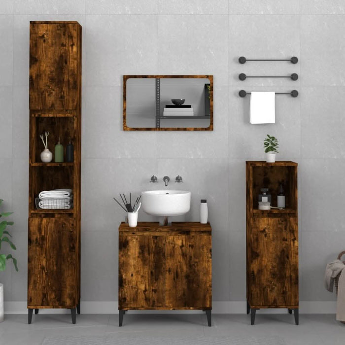 Set mobilier de baie, 3 piese, stejar fumuriu, lemn prelucrat - WALTI WALTI