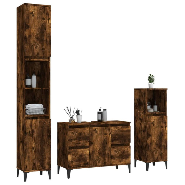 Set mobilier de baie, 3 piese, stejar fumuriu, lemn prelucrat - WALTI WALTI