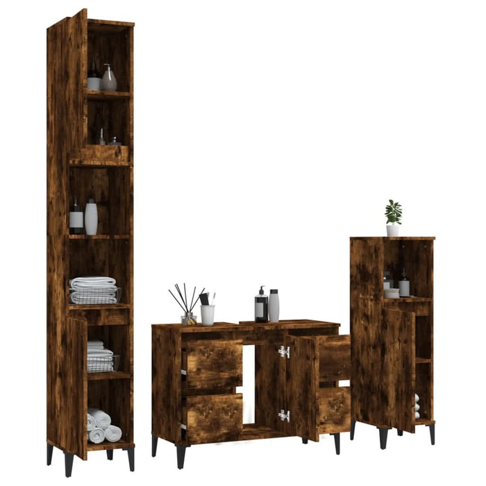 Set mobilier de baie, 3 piese, stejar fumuriu, lemn prelucrat - WALTI WALTI