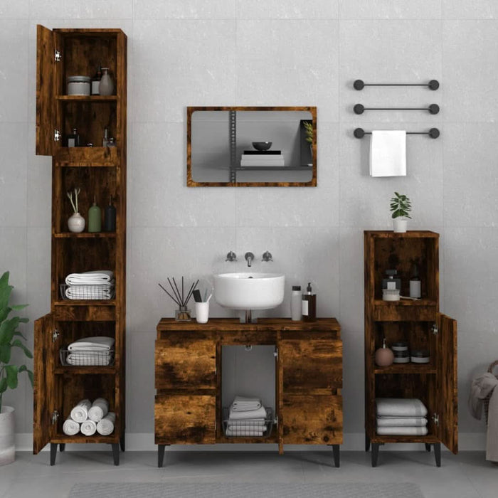 Set mobilier de baie, 3 piese, stejar fumuriu, lemn prelucrat - WALTI WALTI