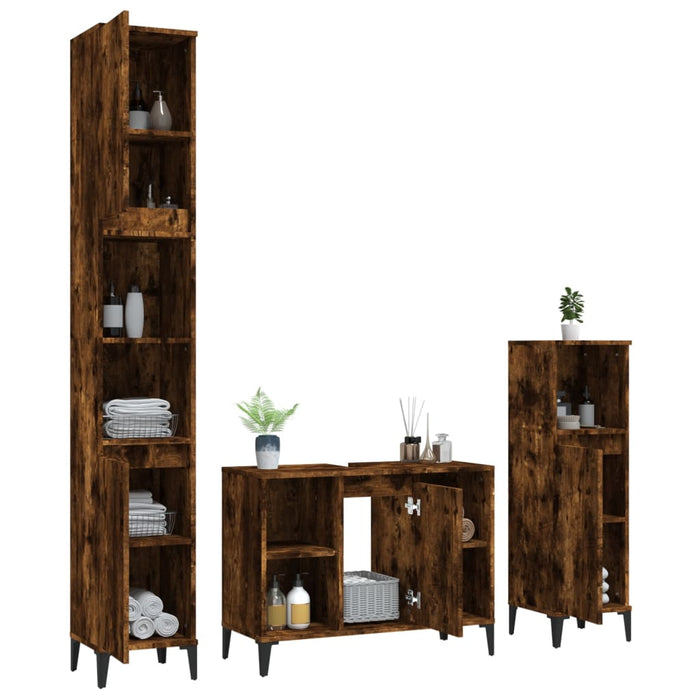 Set mobilier de baie, 3 piese, stejar fumuriu, lemn prelucrat - WALTI WALTI