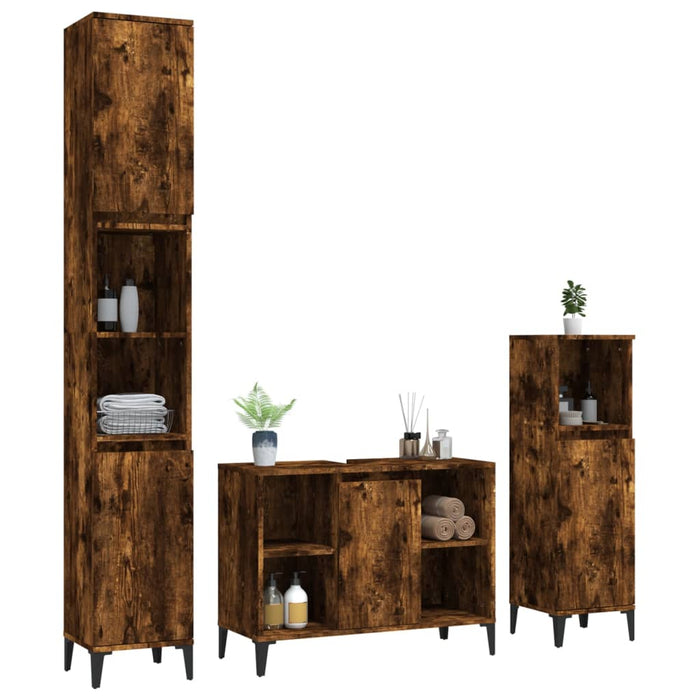 Set mobilier de baie, 3 piese, stejar fumuriu, lemn prelucrat - WALTI WALTI