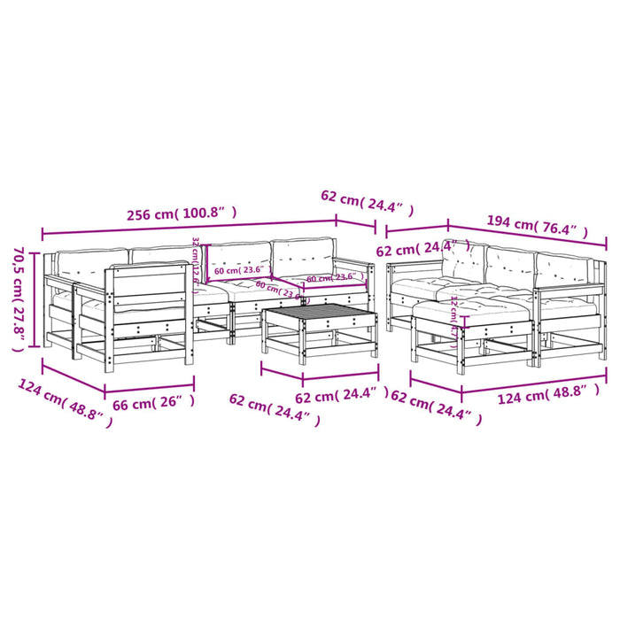 Set mobilier de grădină cu perne, 10 piese, alb, lemn masiv WALTI
