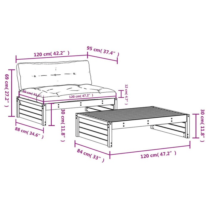 Set mobilier de grădină cu perne, 2 piese, negru, lemn masiv - WALTI WALTI