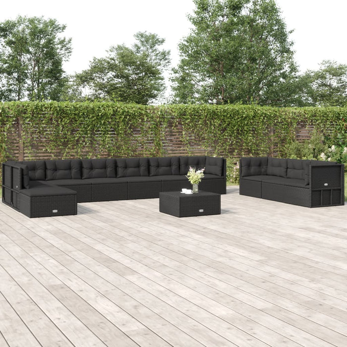Set mobilier de grădină cu perne, 11 piese, negru, poliratan WALTI