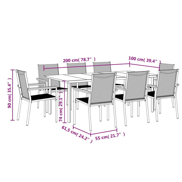 Set mobilier de grădină, 9 piese, negru, textilenă și oțel WALTI