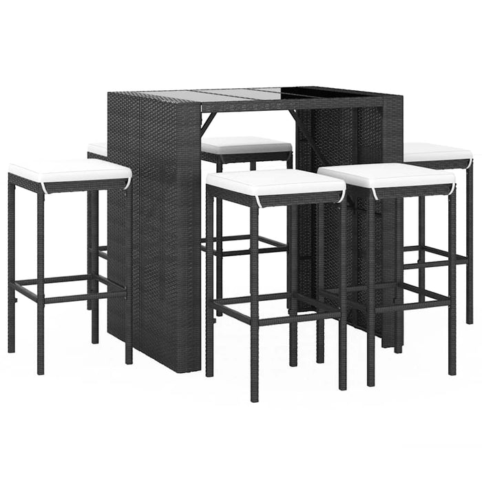 Set bar de grădină, 7 piese, cu perne, negru, poliratan WALTI
