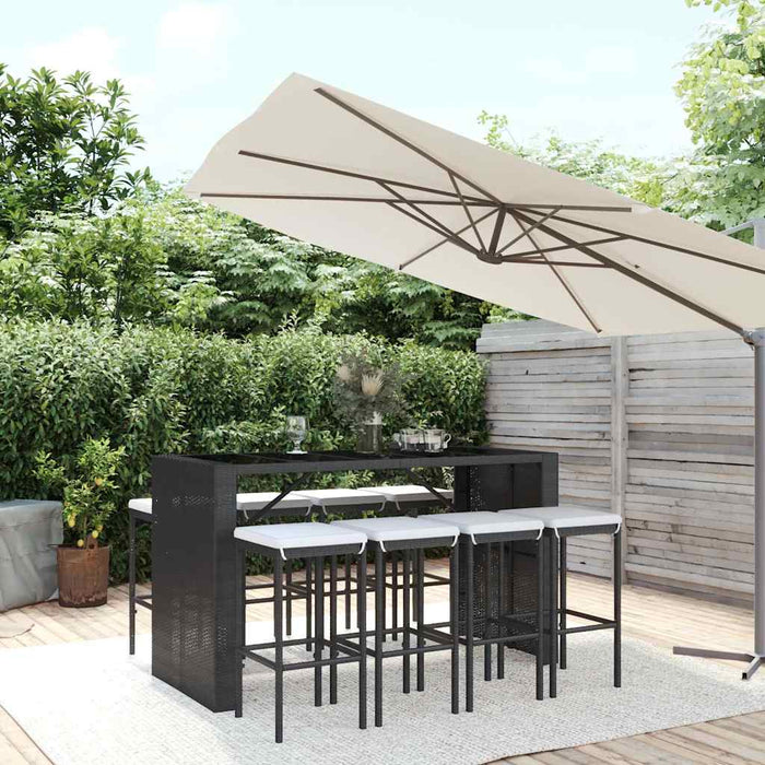 Set mobilier bar de grădină cu perne, 9 piese, negru, poliratan WALTI
