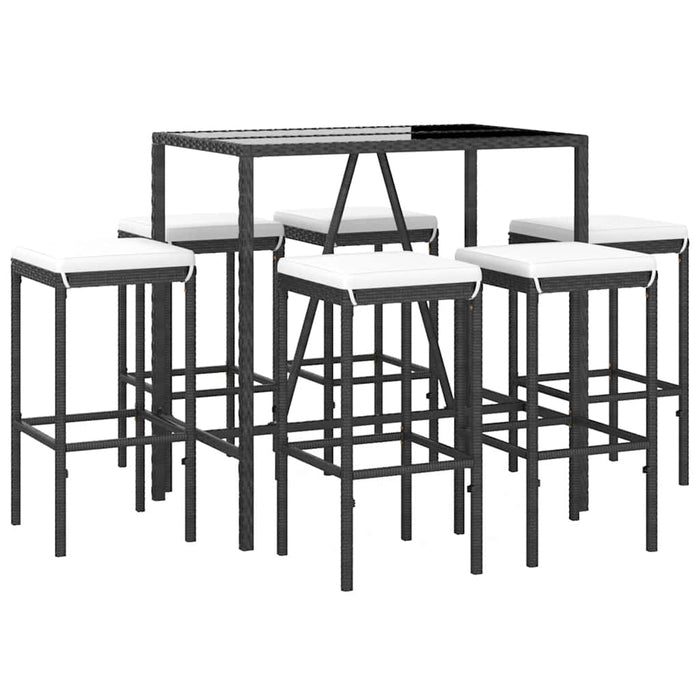 Set bar de grădină, 7 piese, cu perne, negru, poliratan WALTI