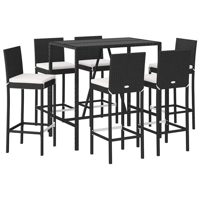 Set bar de grădină, 7 piese, cu perne, negru, poliratan WALTI