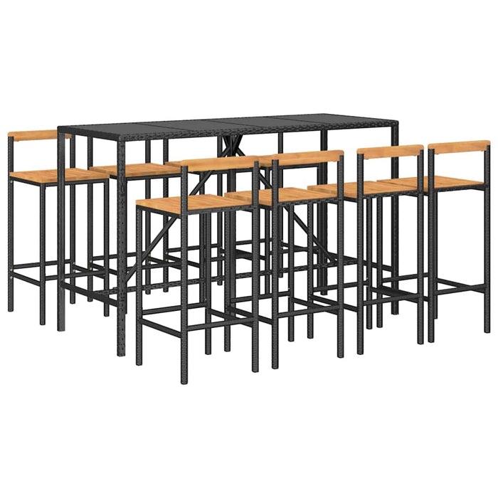 Set bar pentru grădină, 9 piese, negru, poliratan/lemn acacia WALTI