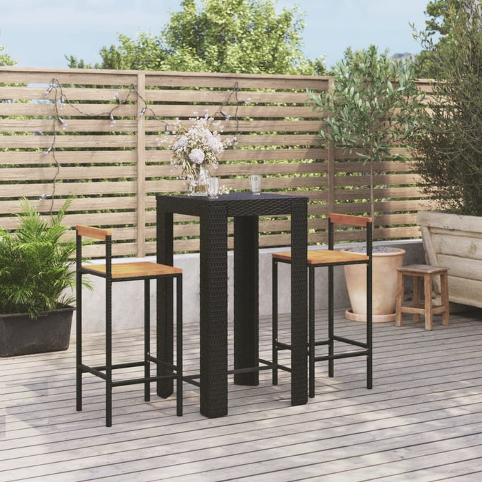 Set bar pentru grădină, 3 piese, negru, poliratan/lemn acacia WALTI